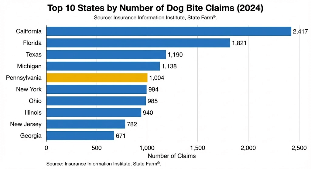 Top 10 states for dog bite claims